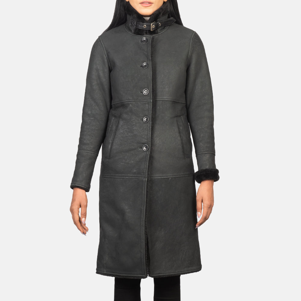 Alina Distressed Black Shearling Sheepskin Leather Coat