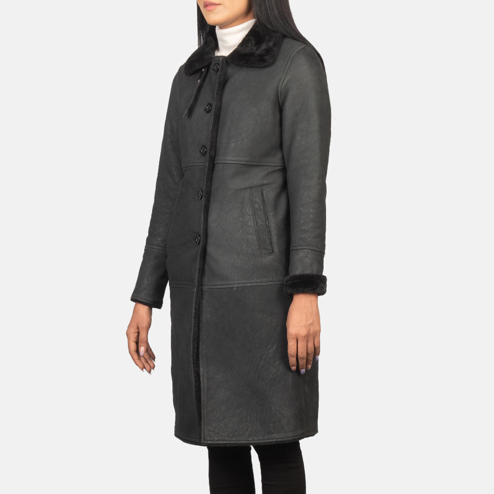 Alina Distressed Black Shearling Sheepskin Leather Coat