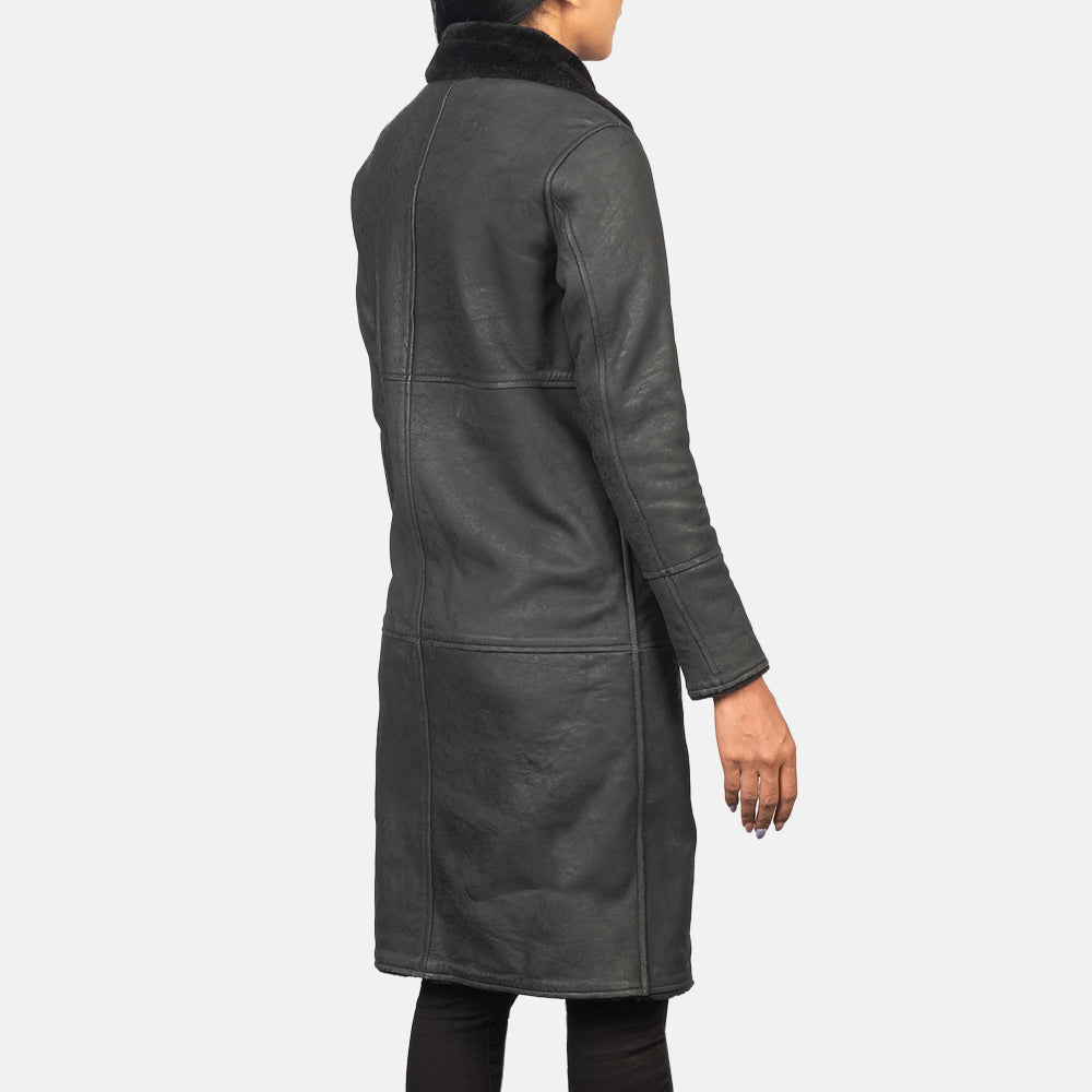 Alina Distressed Black Shearling Sheepskin Leather Coat