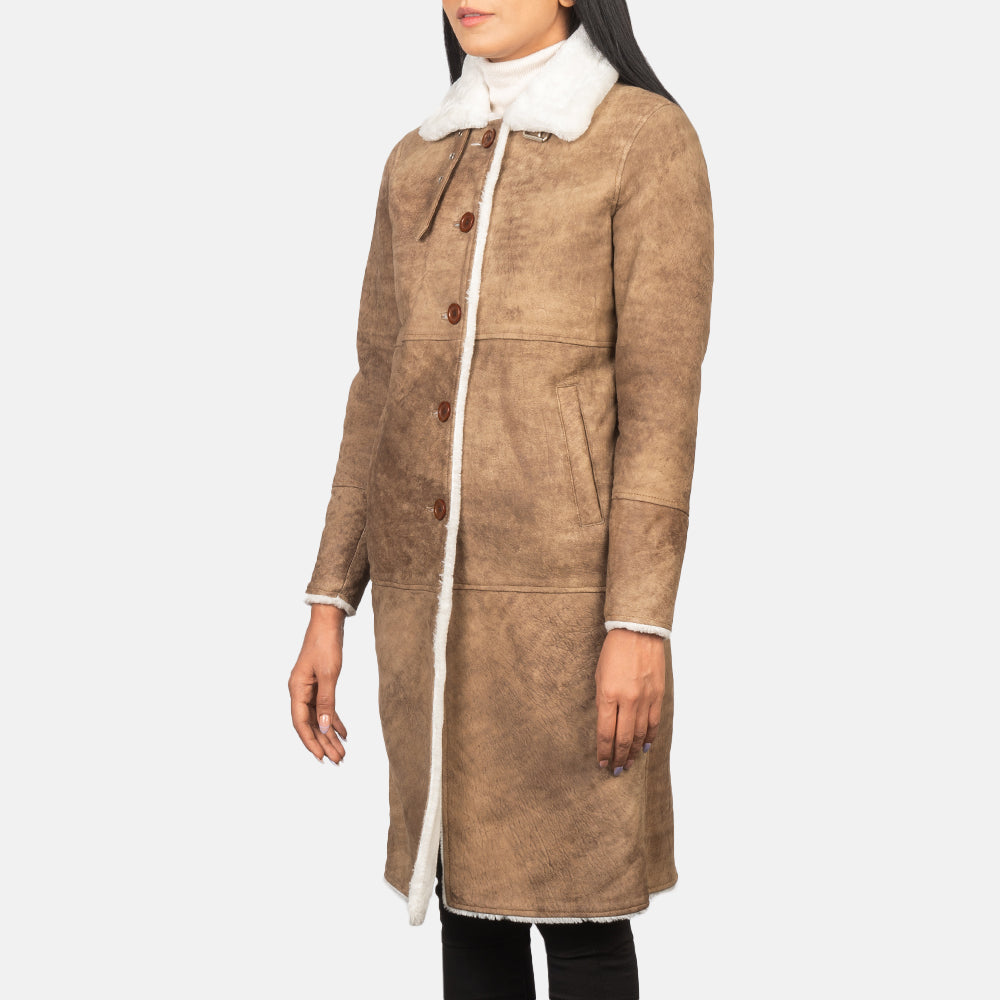 Alina Distressed Brown Shearling Sheepskin Leather Coat