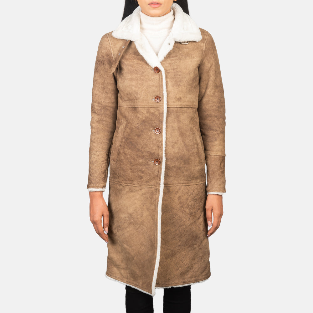 Alina Distressed Brown Shearling Sheepskin Leather Coat