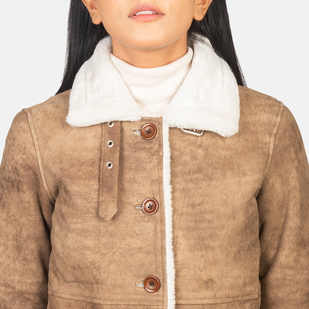Alina Distressed Brown Shearling Sheepskin Leather Coat