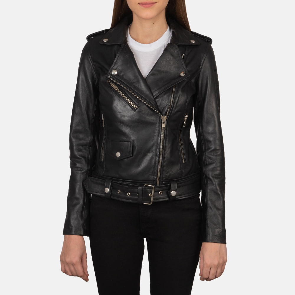 Alison Black Cowhide Belted Moto Jacket