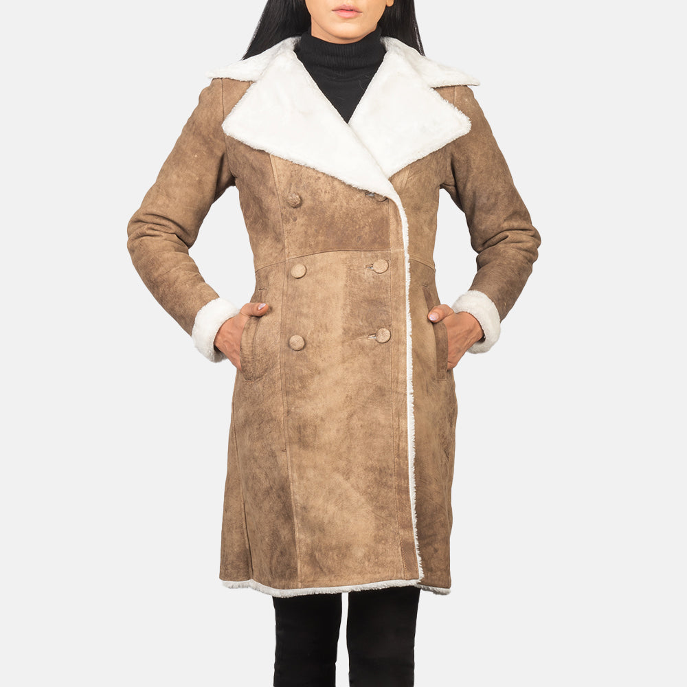 Amie Distressed Brown Sheepskin Double Breasted Shearling Coat
