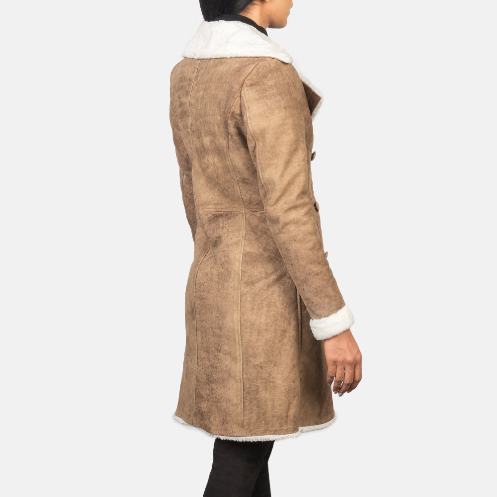 Amie Distressed Brown Sheepskin Double Breasted Shearling Coat