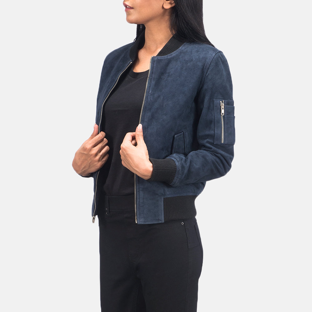 Ava MA-1 Blue Suede Sheepskin Bomber Jacket