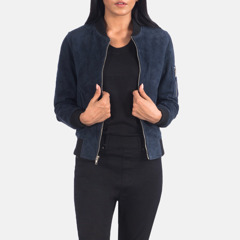 Ava MA-1 Blue Suede Sheepskin Bomber Jacket