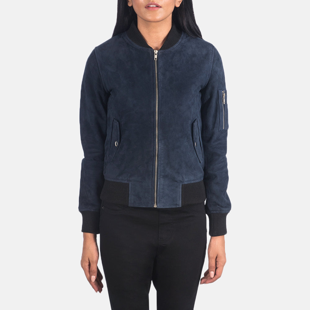 Ava MA-1 Blue Suede Sheepskin Bomber Jacket