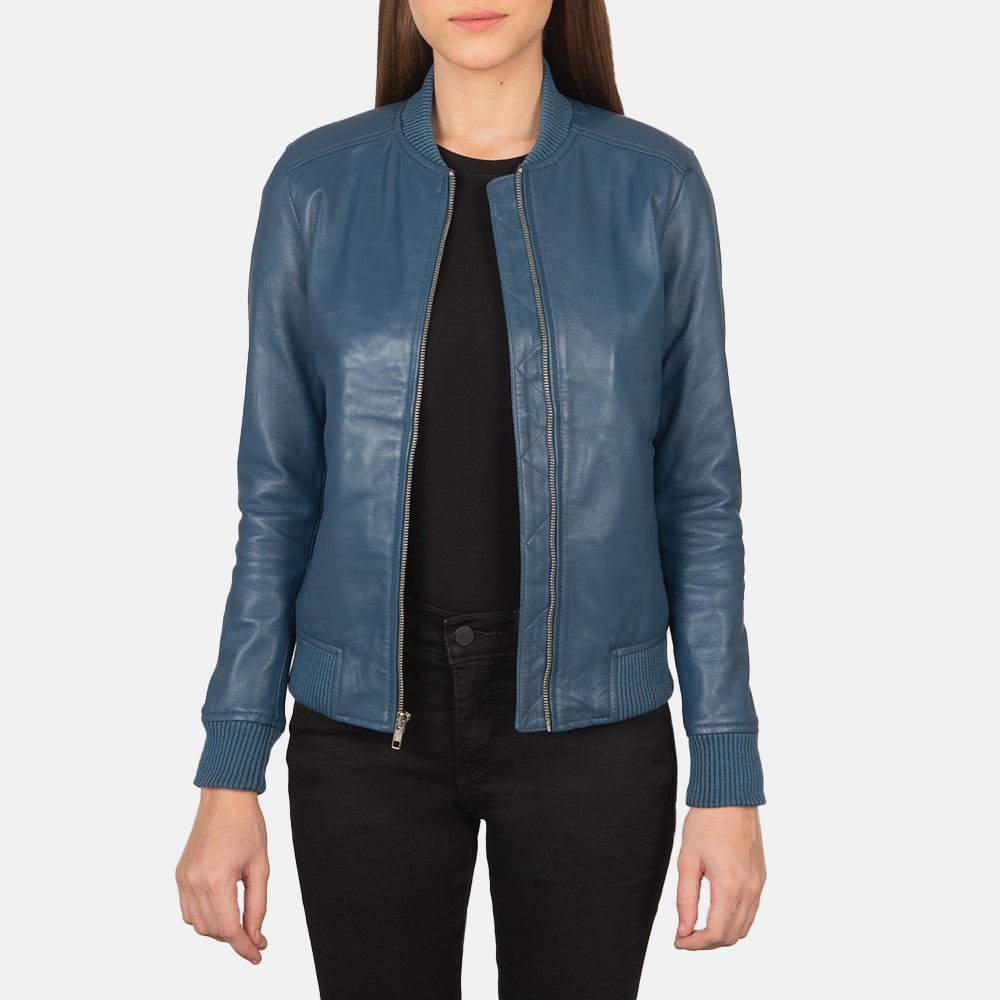 Bliss Blue Sheepskin Leather Bomber Jacket
