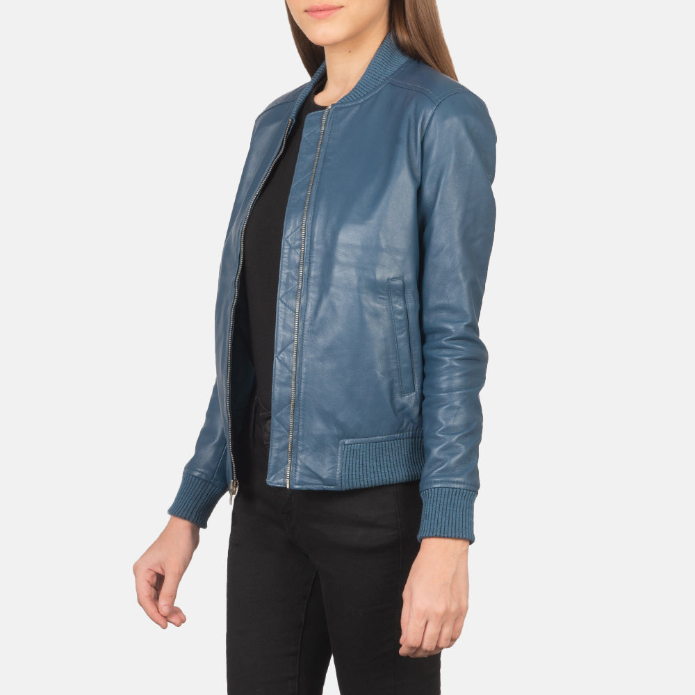 Bliss Blue Sheepskin Leather Bomber Jacket