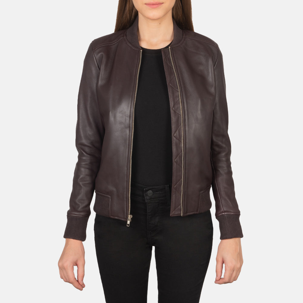 Bliss Maroon Sheepskin Leather Bomber Jacket