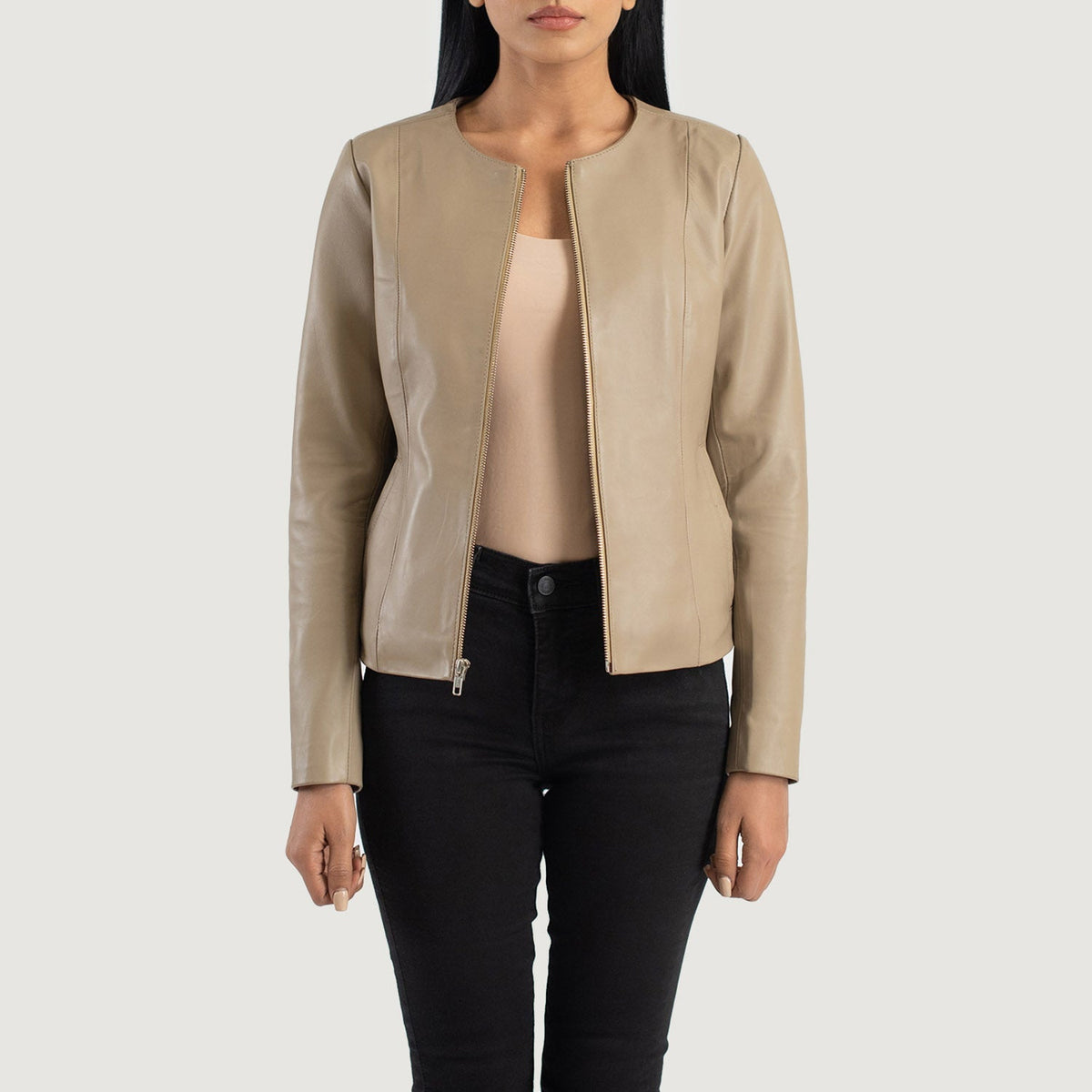 Elixir Beige Collarless Sheepskin Leather Jacket