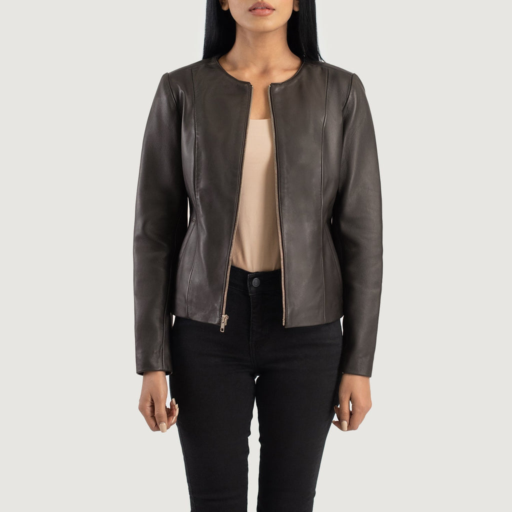 Elixir Brown Collarless Sheepskin Leather Jacket