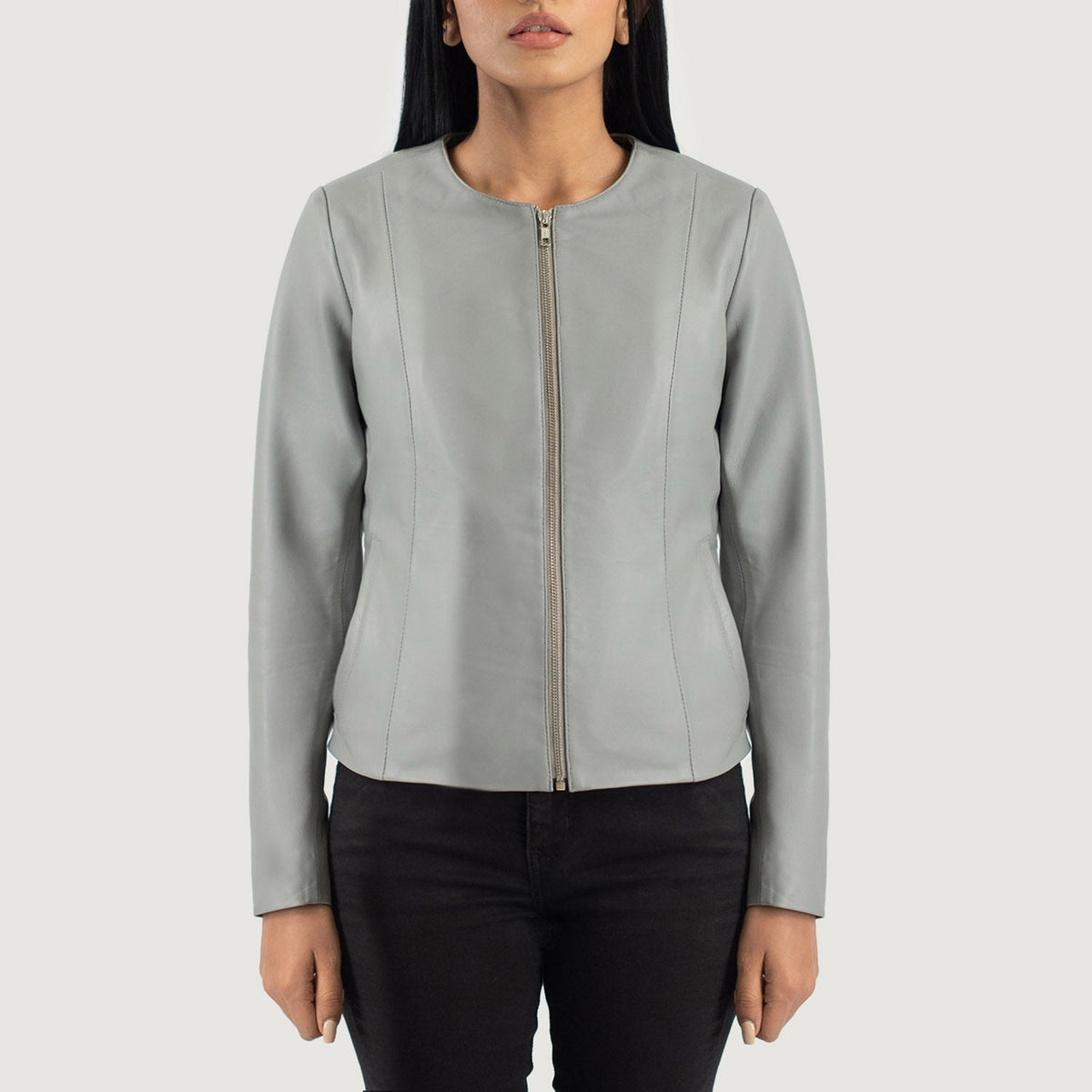 Elixir Grey Collarless Sheepskin Leather Jacket
