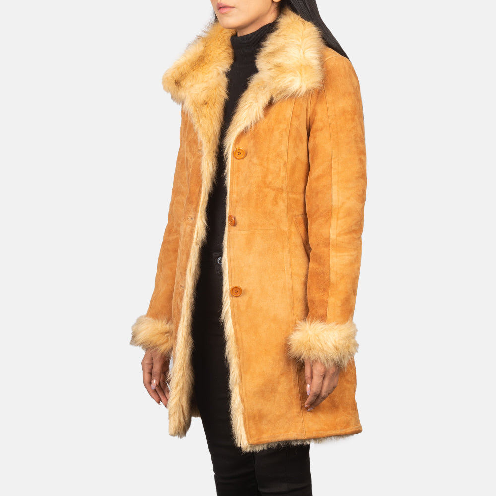 Erica Shearling Distressed Beige Leather Coat