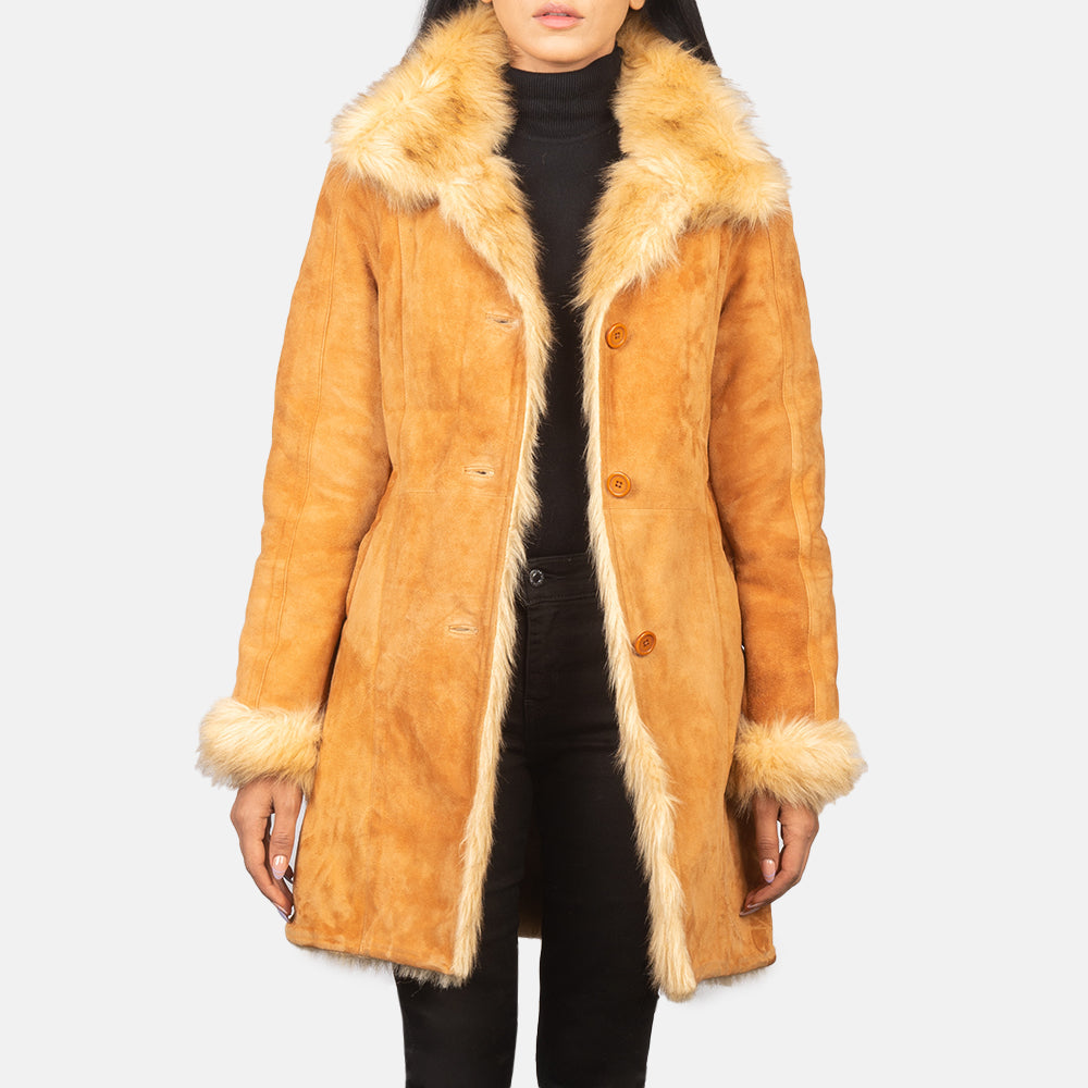 Erica Shearling Distressed Beige Leather Coat