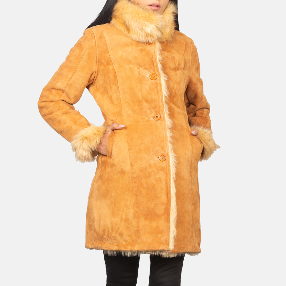 Erica Shearling Distressed Beige Leather Coat