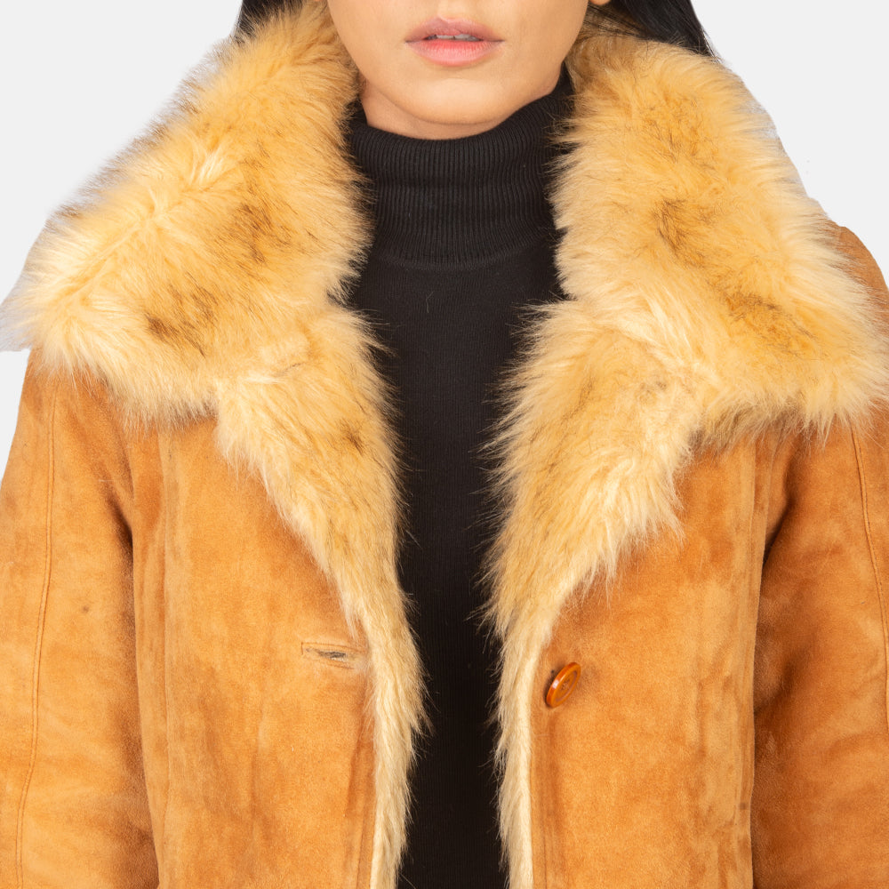 Erica Shearling Distressed Beige Leather Coat