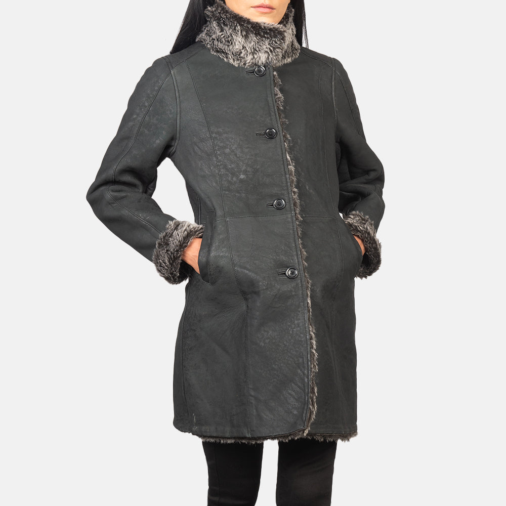 Erica Shearling Distressed Black Leather Coat
