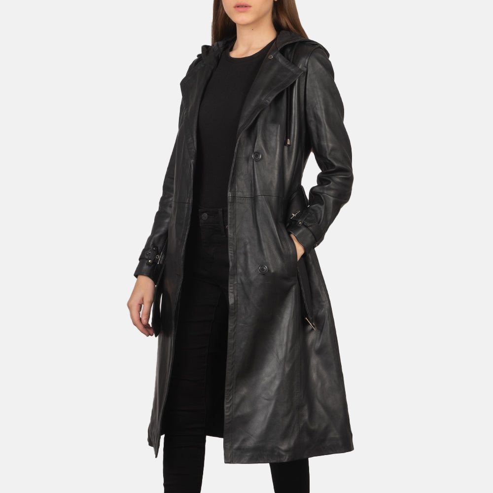Fixon Black Hooded Leather Trench Coat