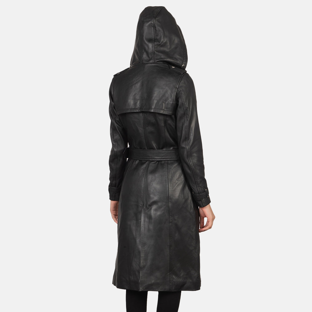 Fixon Black Hooded Leather Trench Coat