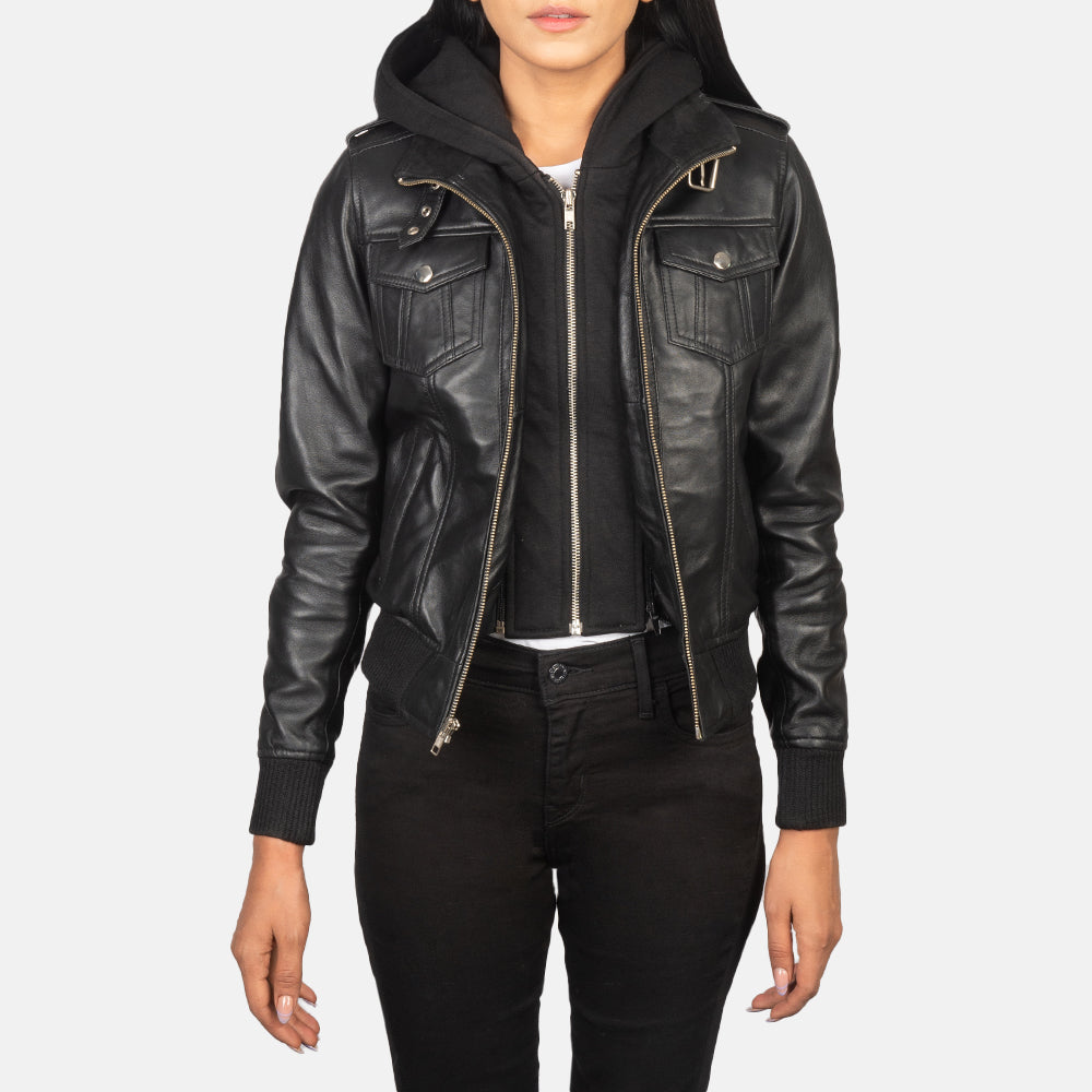 Roslyn Black Hooded Sheepskin Bomber Jacket