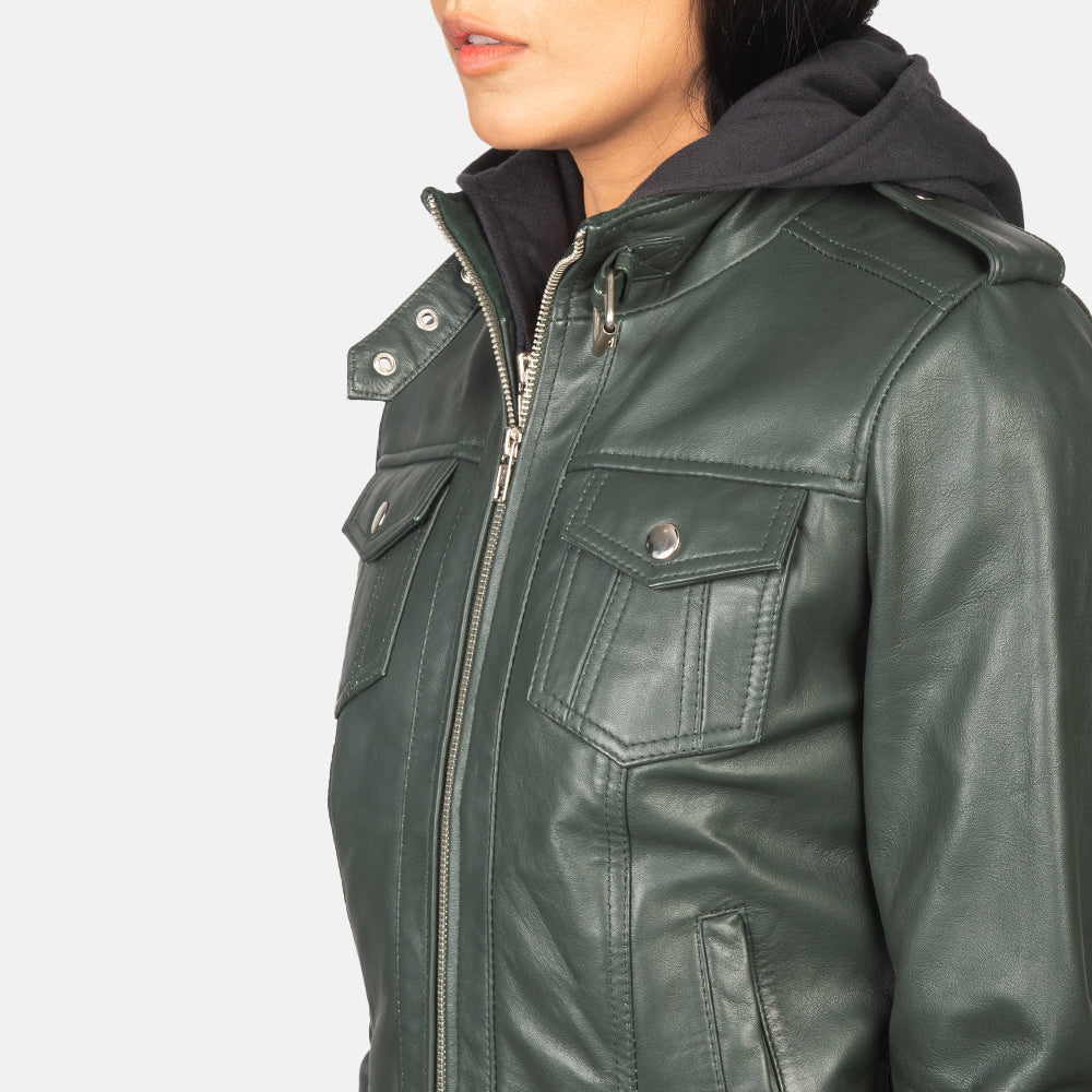 Roslyn Green Hooded Sheepskin Bomber Jacket