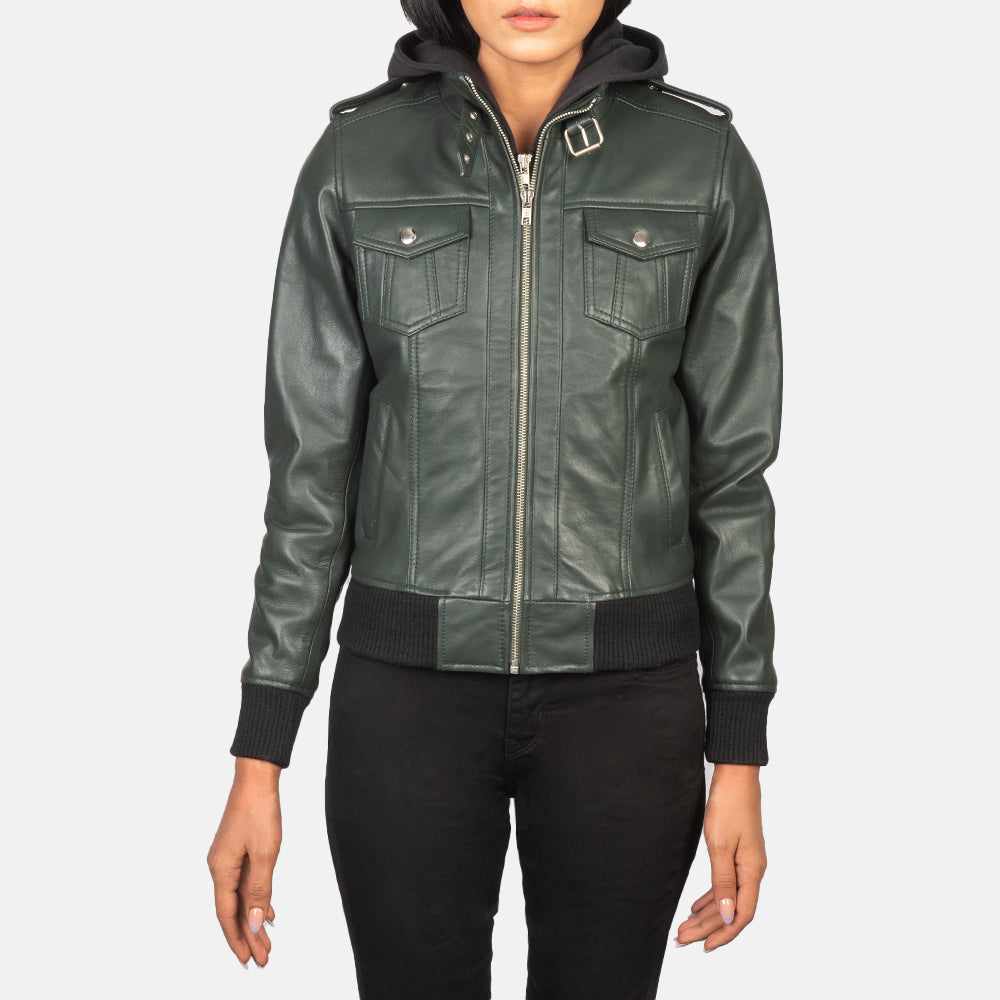 Roslyn Green Hooded Sheepskin Bomber Jacket