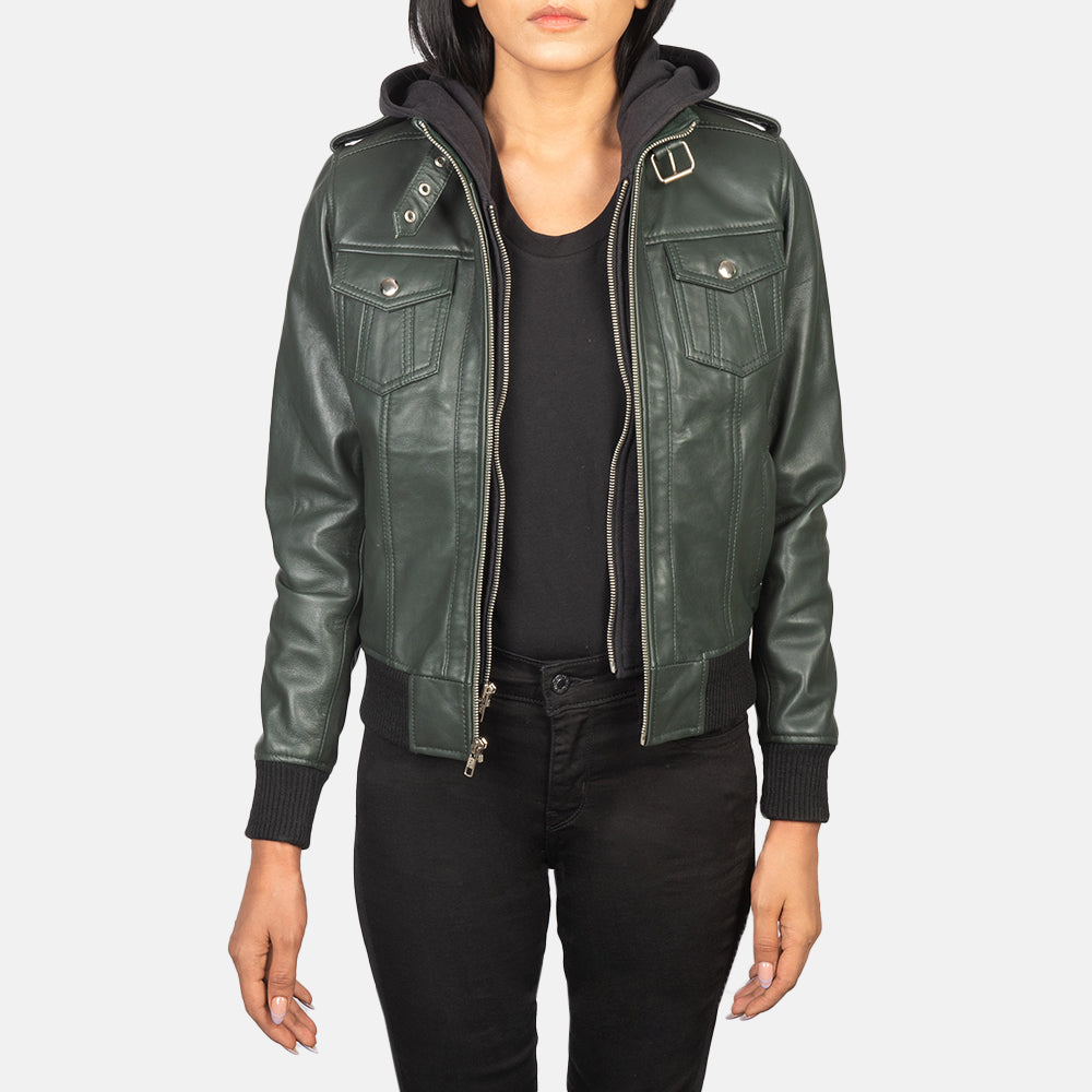 Roslyn Green Hooded Sheepskin Bomber Jacket
