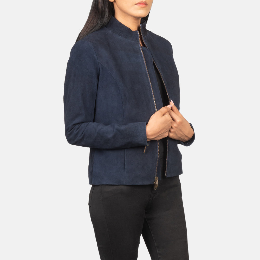 Rumella Blue Sheepskin Suede Biker Jacket