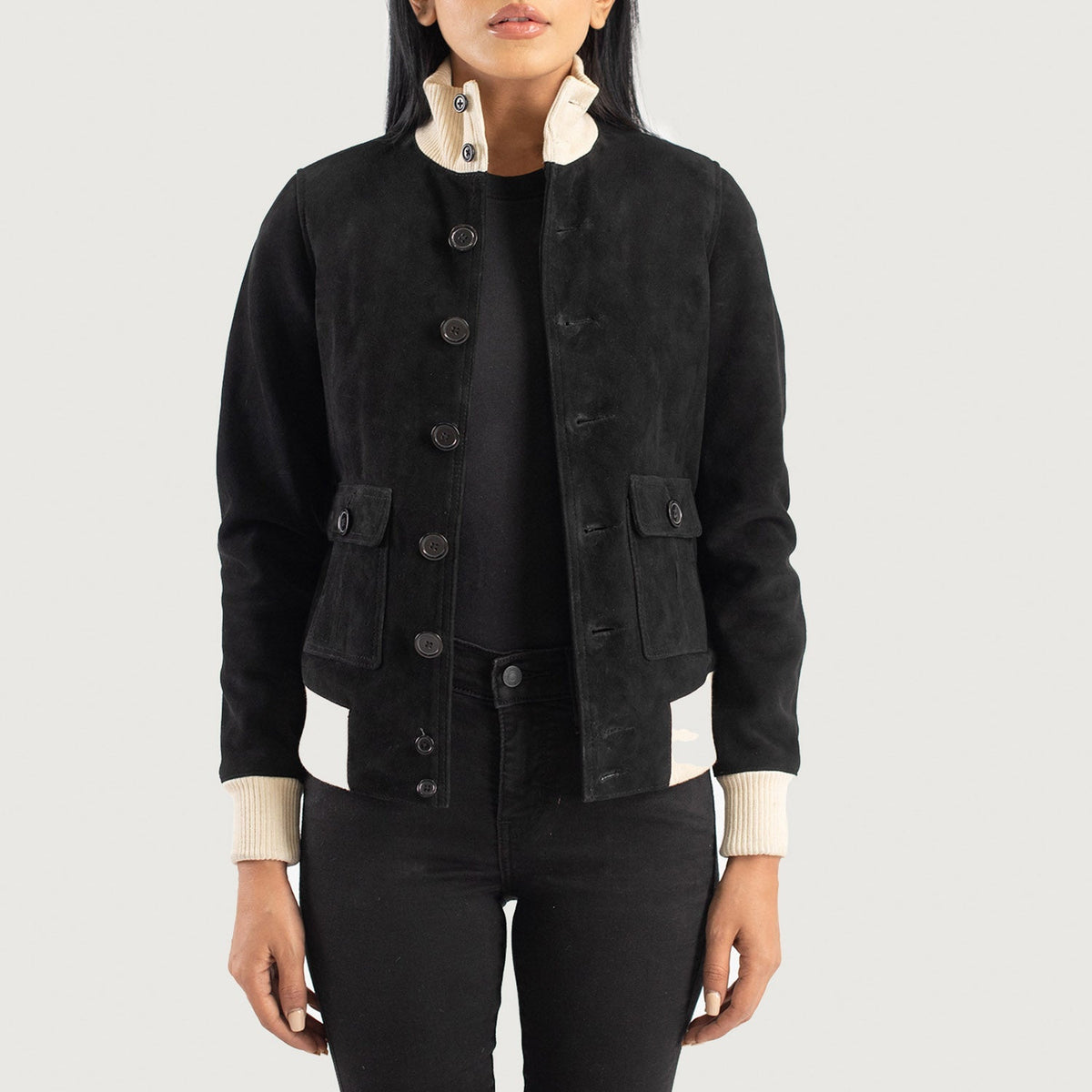 Sasha A1 Black Goatskin Suede Bomber Jacket