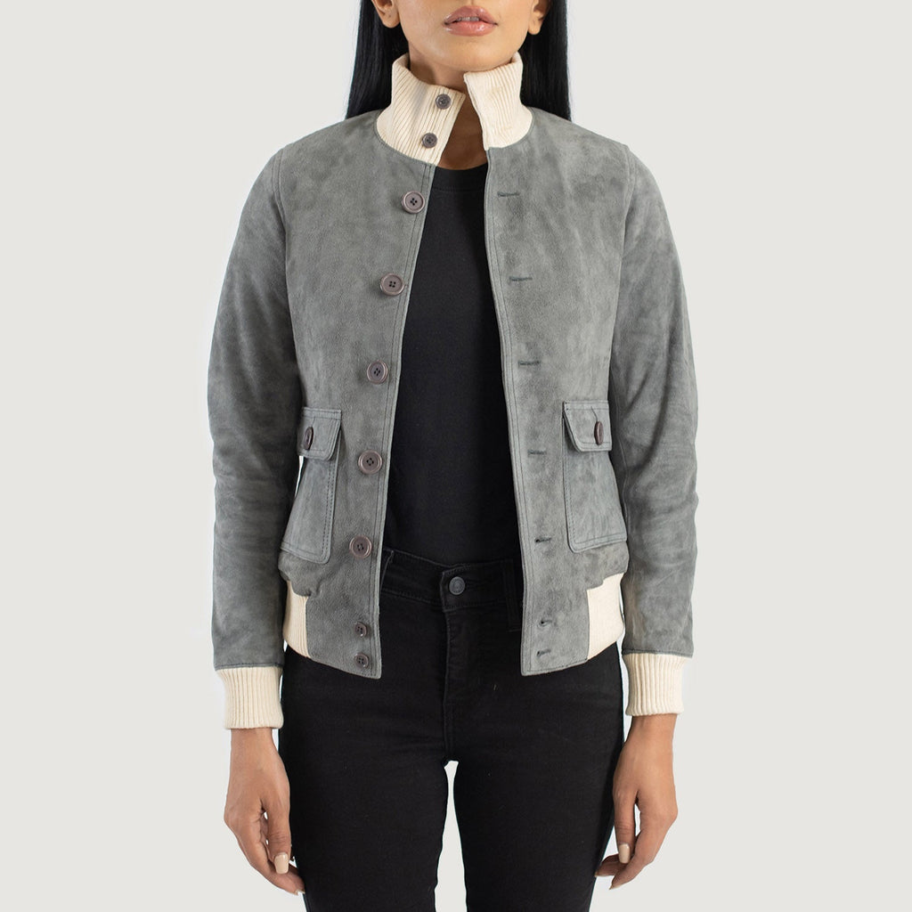 Sasha A1 Grey Goatskin Suede Bomber Jacket