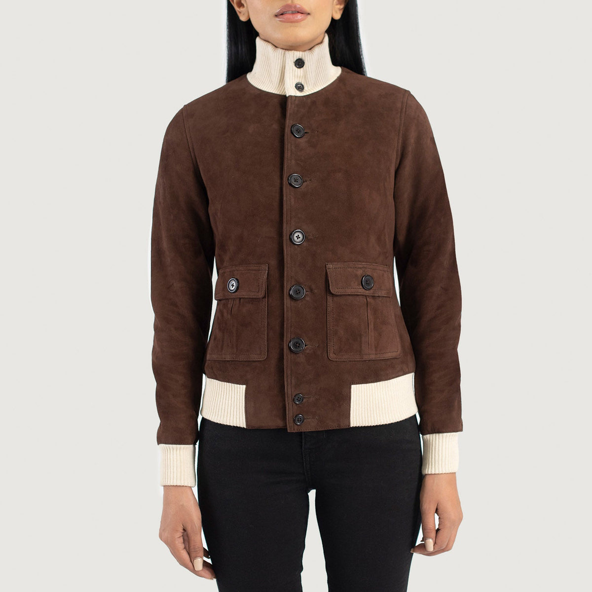 Sasha A1 Mocha Goatskin Suede Bomber Jacket