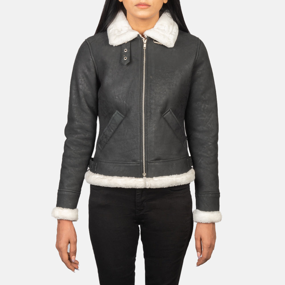 Sherilyn B-3 Black and White Sheepskin Bomber Jacket