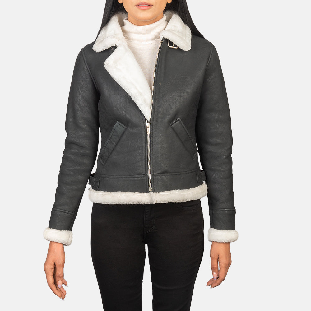 Sherilyn B-3 Black and White Sheepskin Bomber Jacket