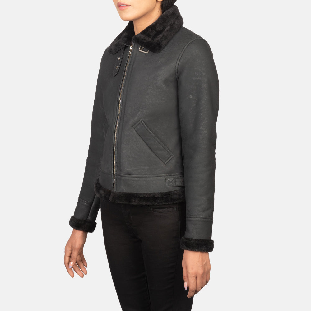 Sherilyn B-3 Distressed Black Sheepskin Bomber Jacket