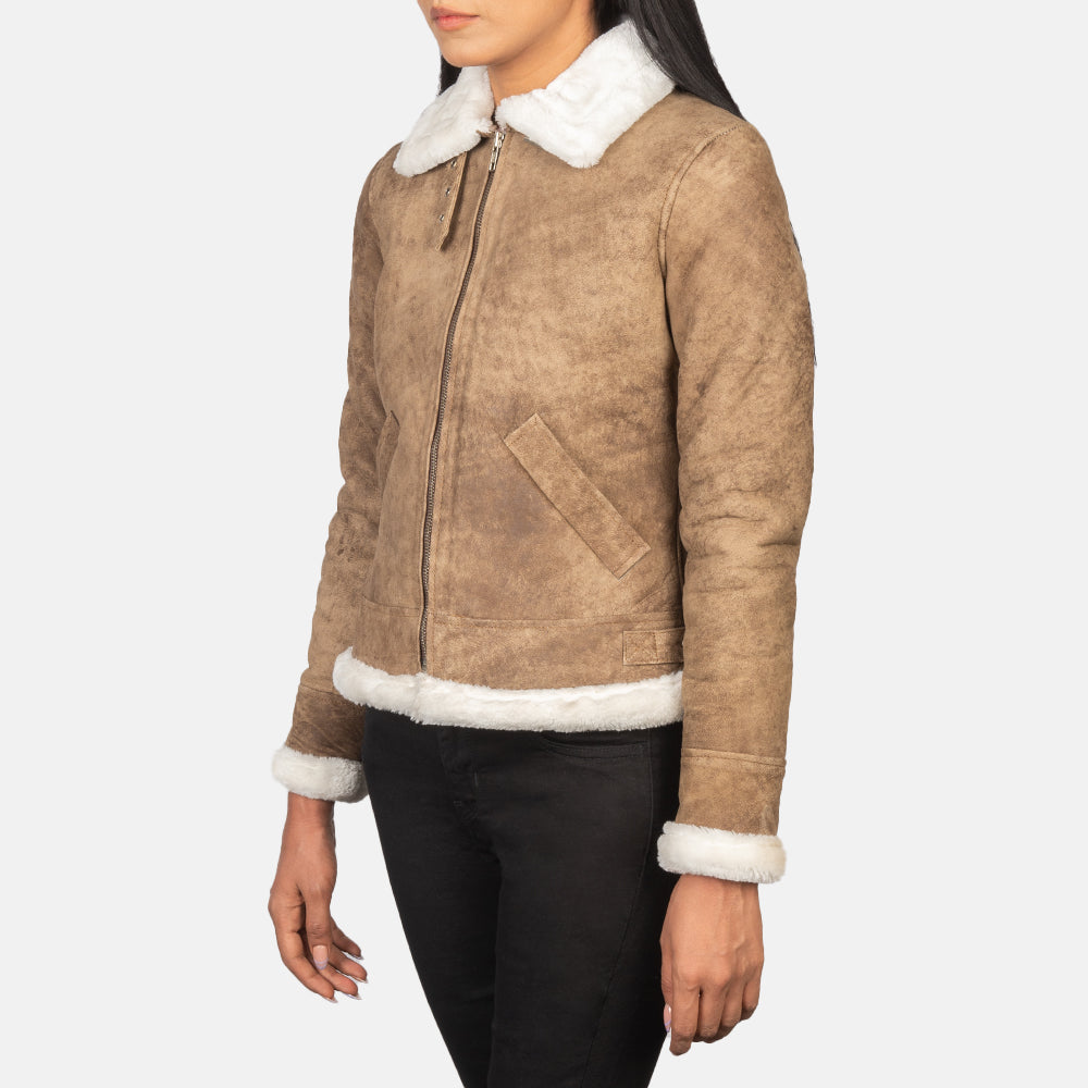 Sherilyn B-3 Distressed Brown Sheepskin Bomber Jacket