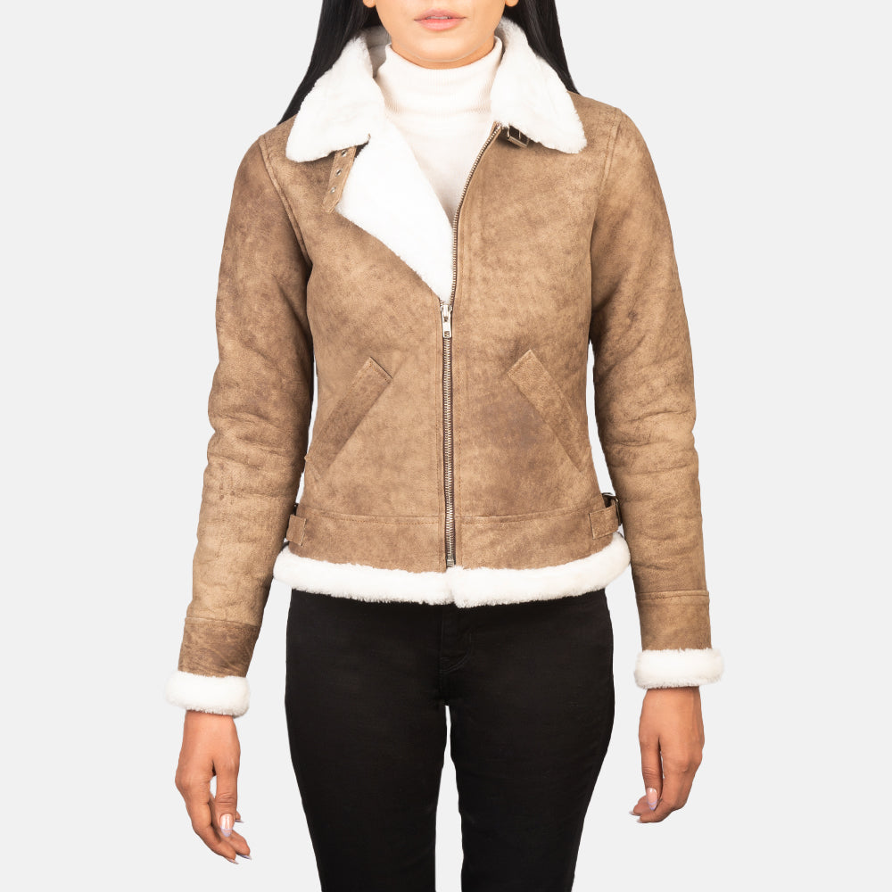 Sherilyn B-3 Distressed Brown Sheepskin Bomber Jacket