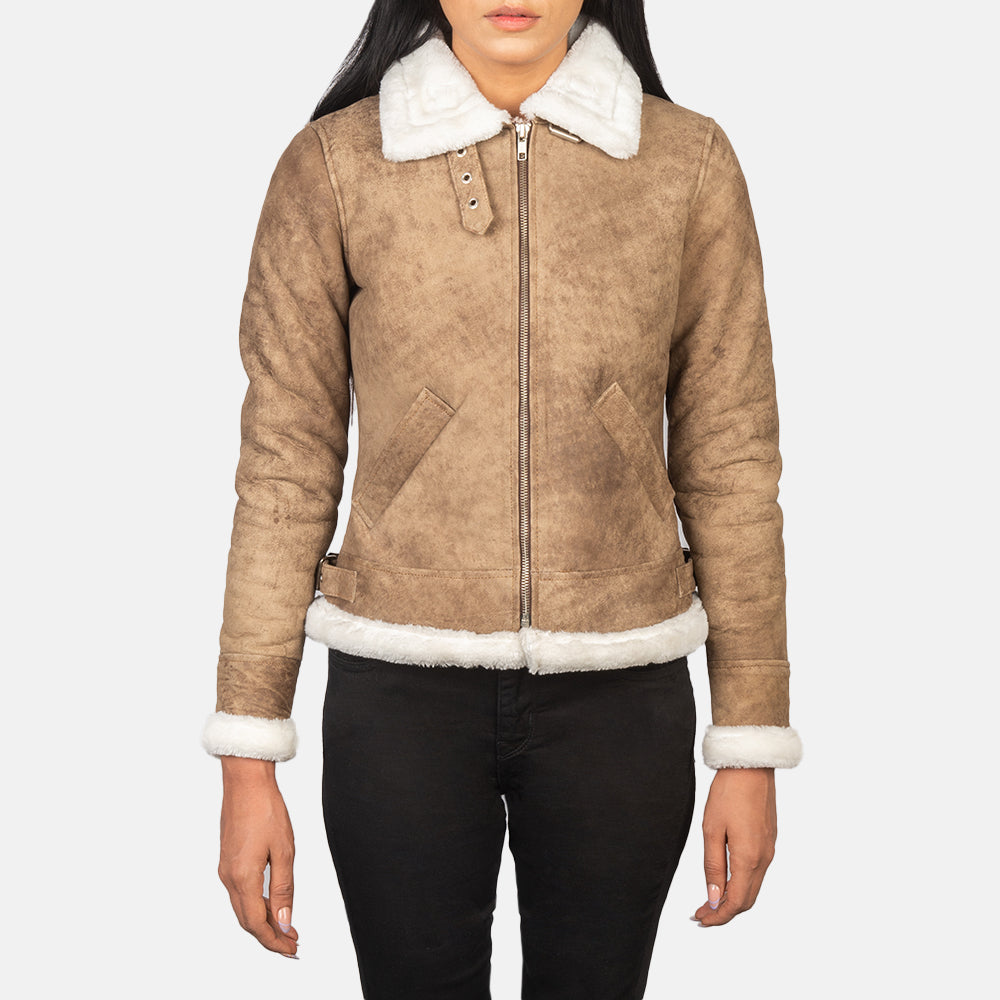 Sherilyn B-3 Distressed Brown Sheepskin Bomber Jacket