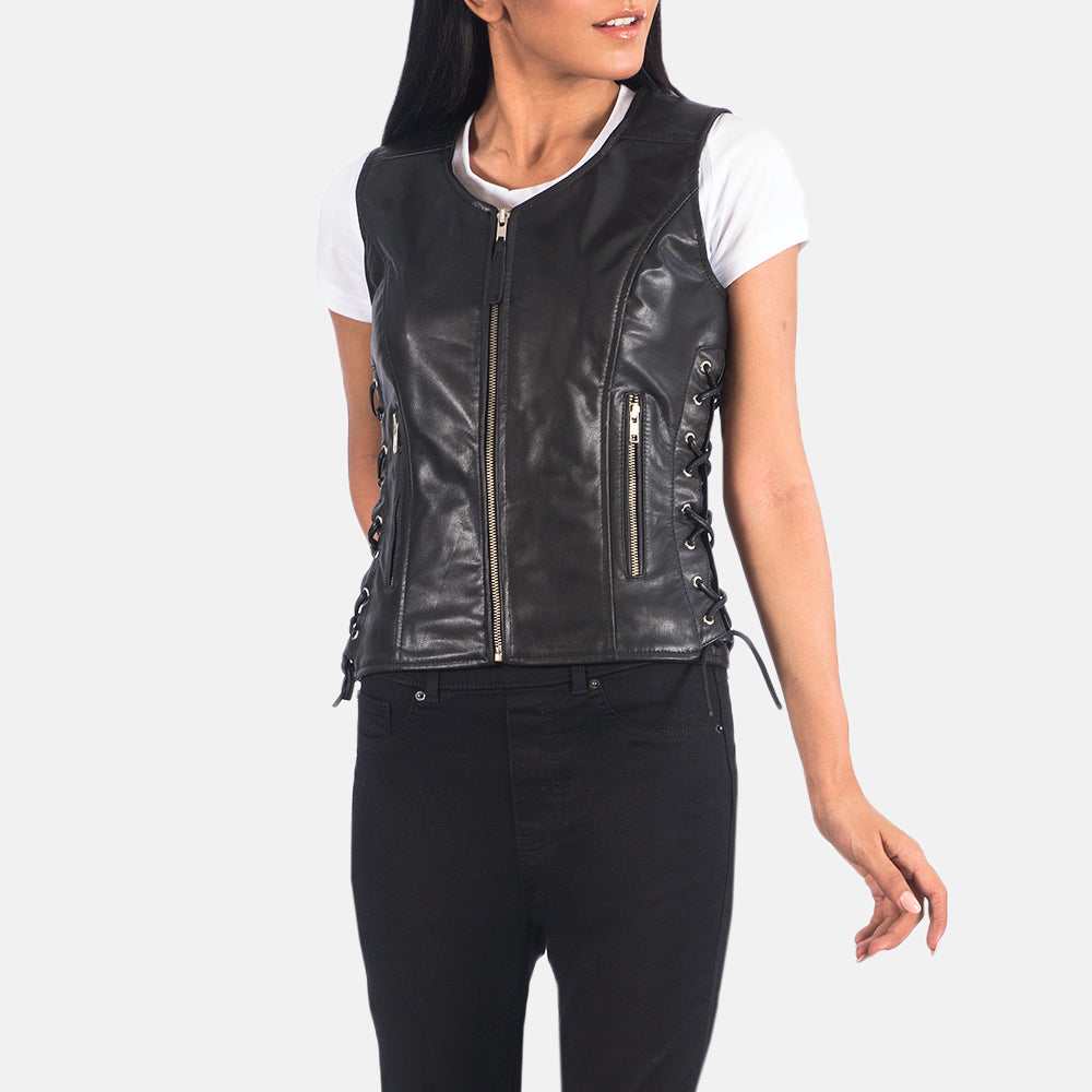 Vanda Black Goatskin Leather Biker Vest
