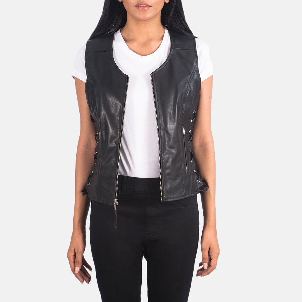 Vanda Black Goatskin Leather Biker Vest