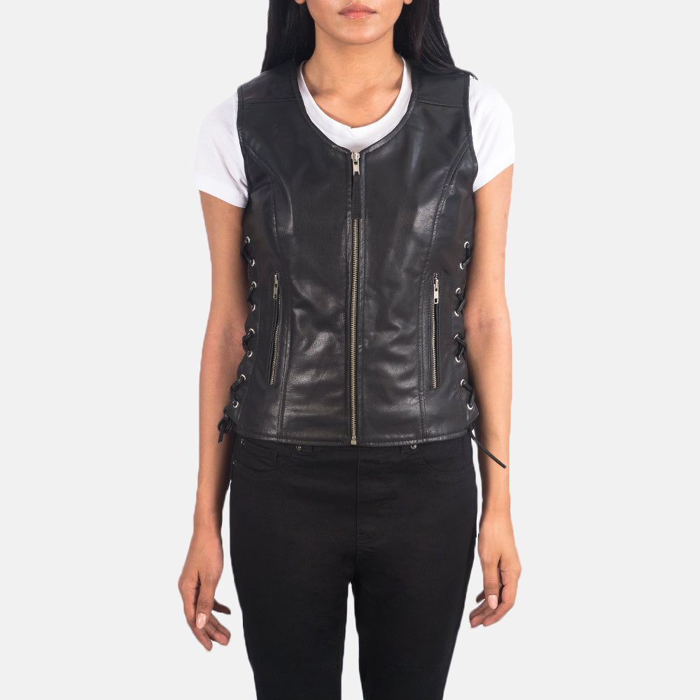 Vanda Black Goatskin Leather Biker Vest