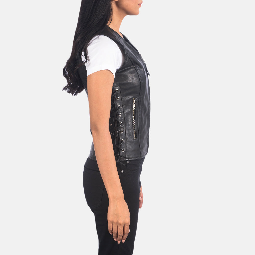 Vanda Black Goatskin Leather Biker Vest