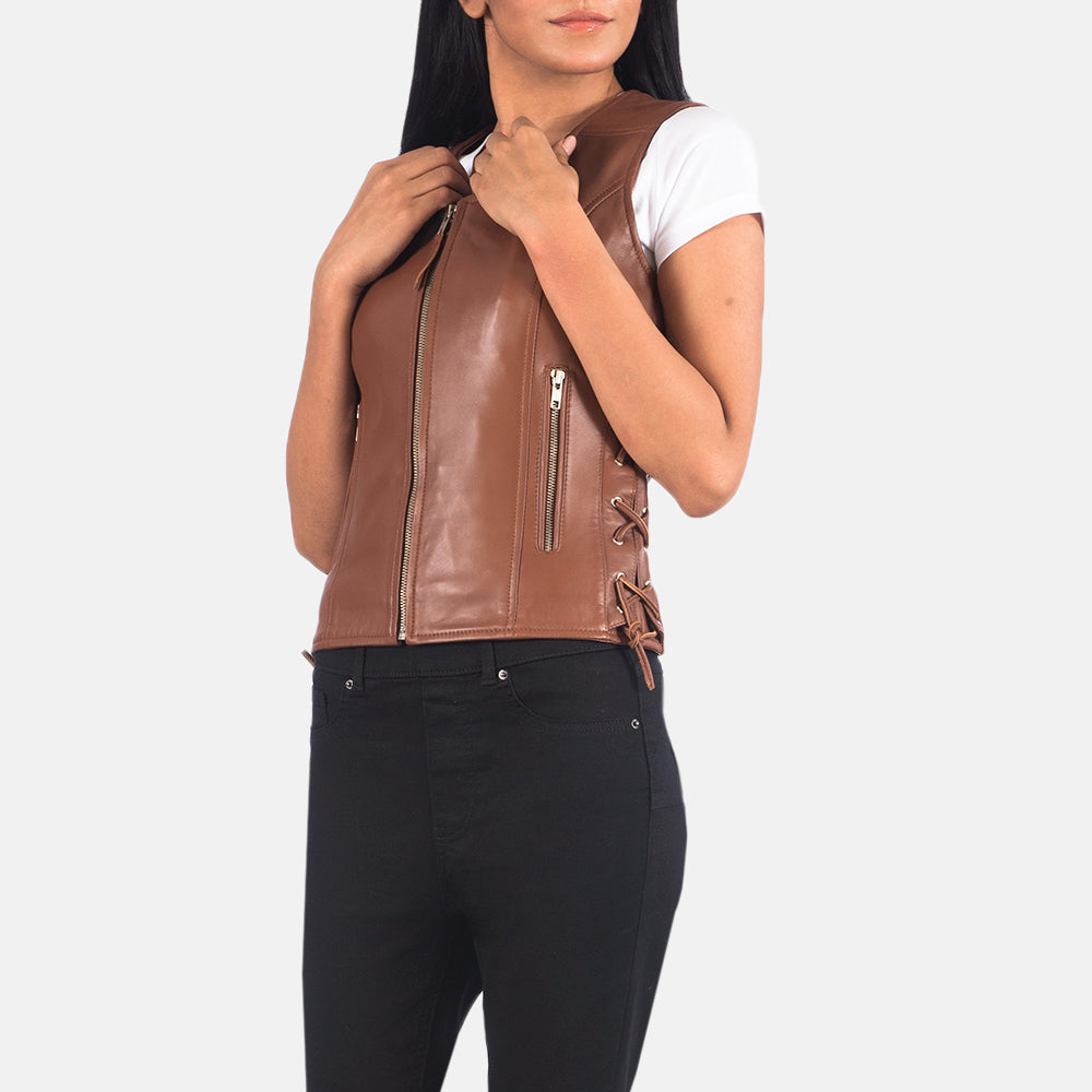 Vanda Brown Sheepskin Leather Biker Vest