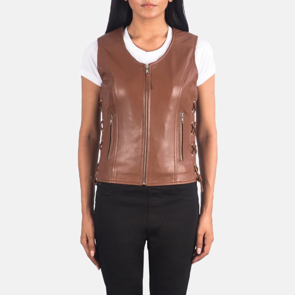 Vanda Brown Sheepskin Leather Biker Vest
