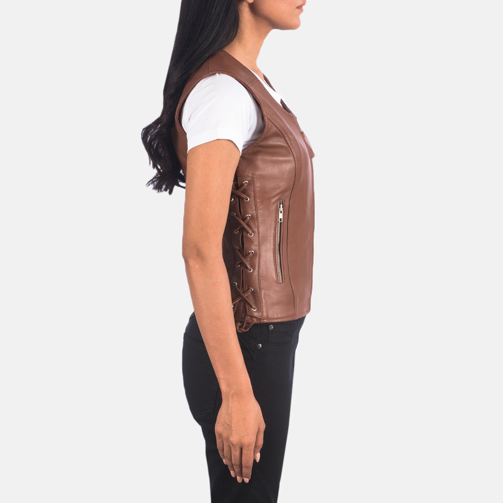 Vanda Brown Sheepskin Leather Biker Vest