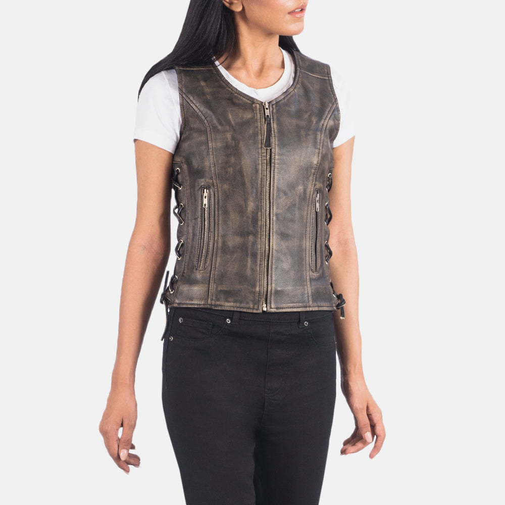 Vanda Distressed Brown Goatskin Biker Vest