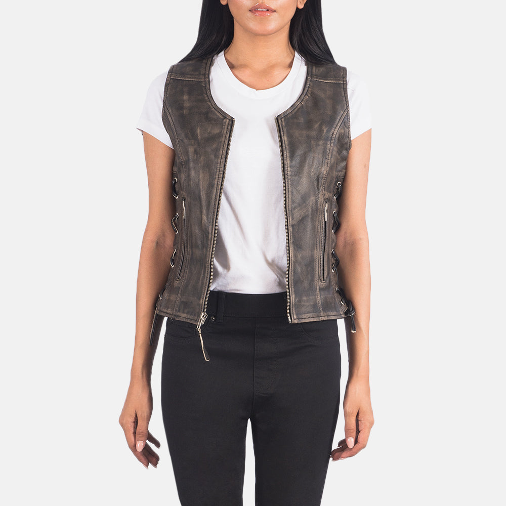 Vanda Distressed Brown Goatskin Biker Vest