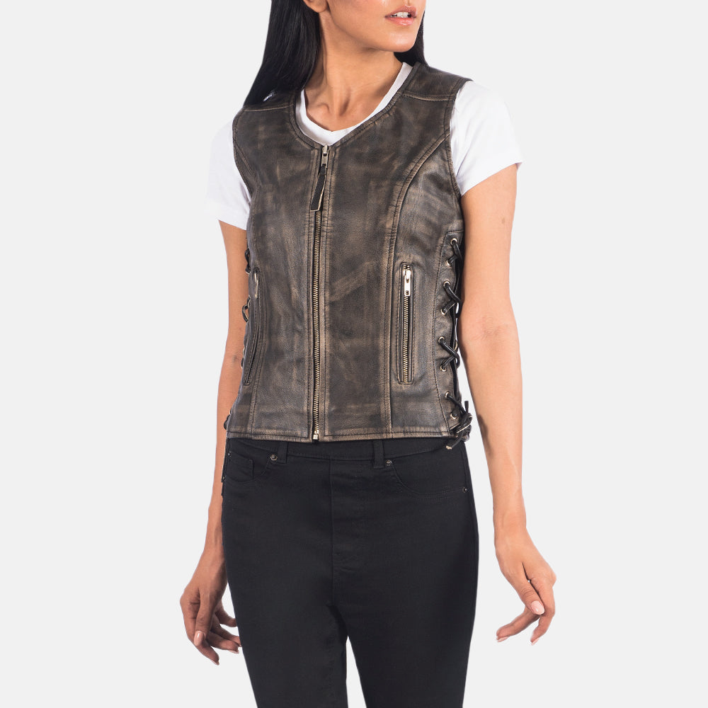 Vanda Distressed Brown Goatskin Biker Vest