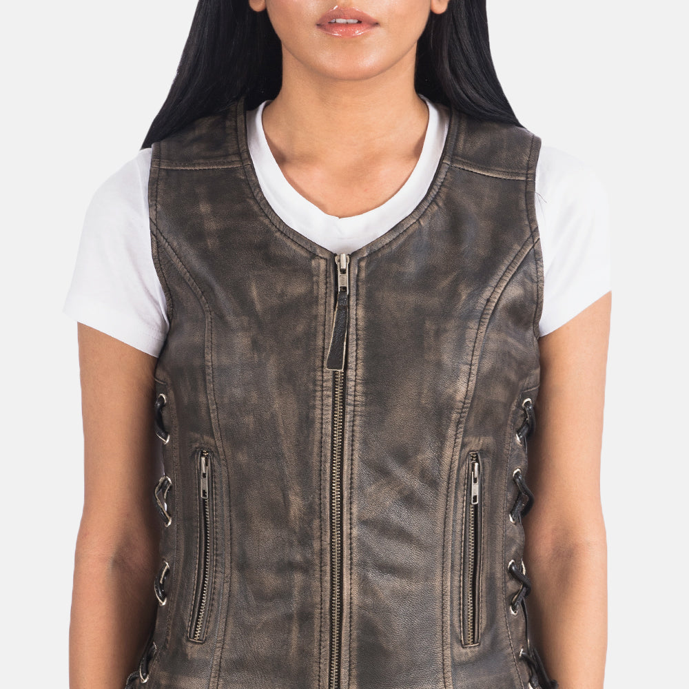 Vanda Distressed Brown Goatskin Biker Vest